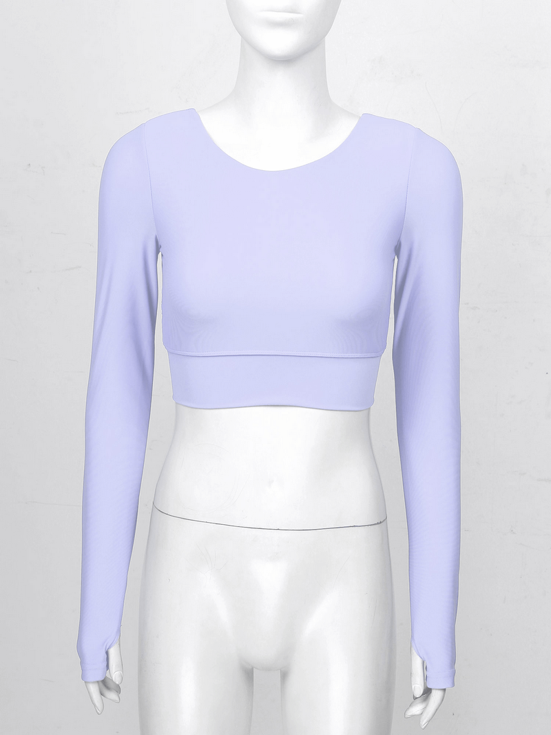 Light purple sports seamless long sleeves cropped top with back cross strappy design, featuring breathable nylon-spandex blend.